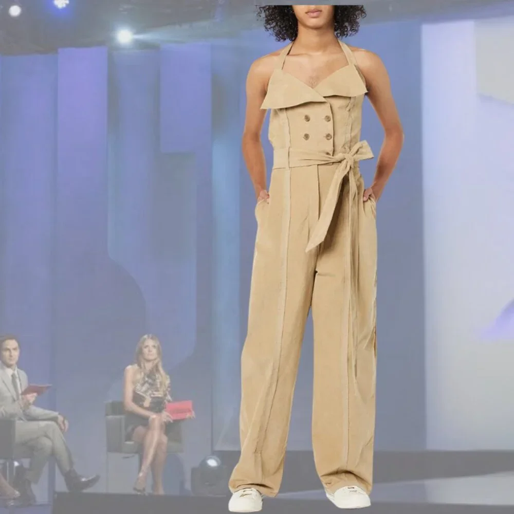 NWT MAKING THE CUT - Deconstructed Halter Jumpsuit Corduroy - Beige/Khaki - 2x